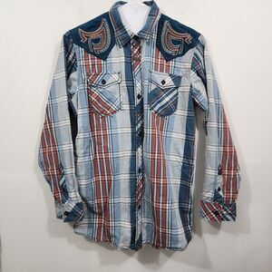 Roar Signature Fanatic Plaid Embroidered Button-front Shirt Blue Youth L 14/16
